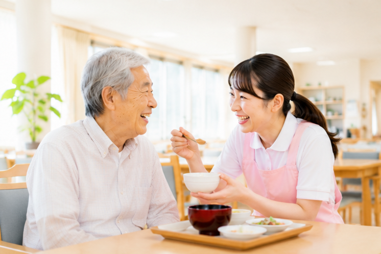 食卓で高齢の男性に食事をすすめるスタッフ