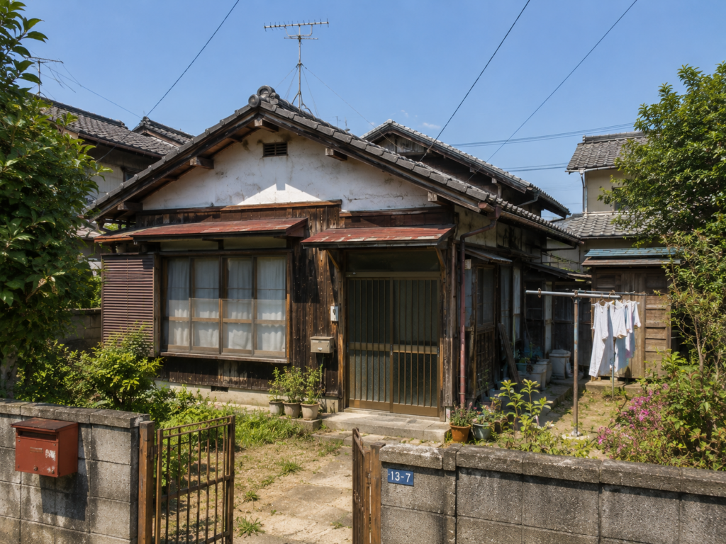 老朽化した木造平屋の空き家の外観