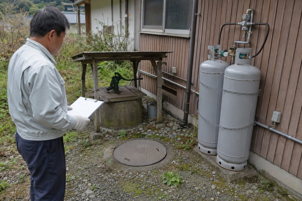 縁側の雨戸を閉める男性と鉢植えを運ぶ女性
