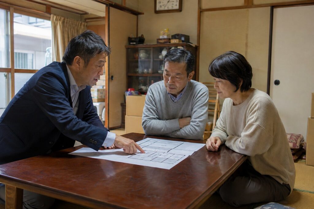 和室で古い木箱から通帳・実印・鍵・書類を出す手元
