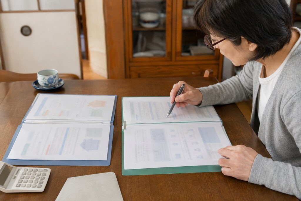 和室で間取り図を指しながら夫婦に説明する不動産の担当者