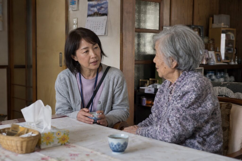 食卓で高齢の女性の話を聞く支援スタッフ