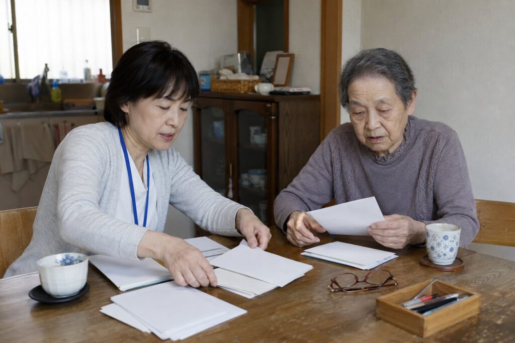 高齢の女性と一緒に届いた書類を確認する様子