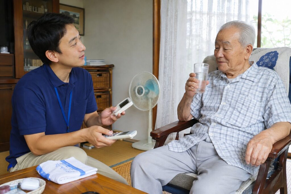 夏の室内で高齢の男性に水分補給を促す様子