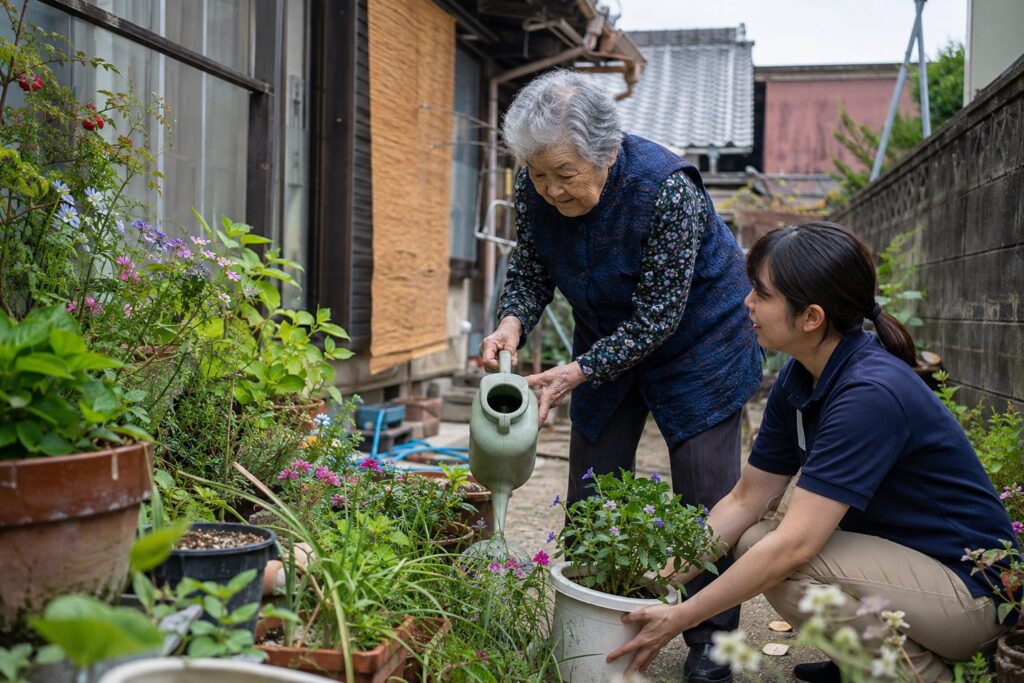 庭の鉢植えに水やりをする高齢女性に付き添う様子