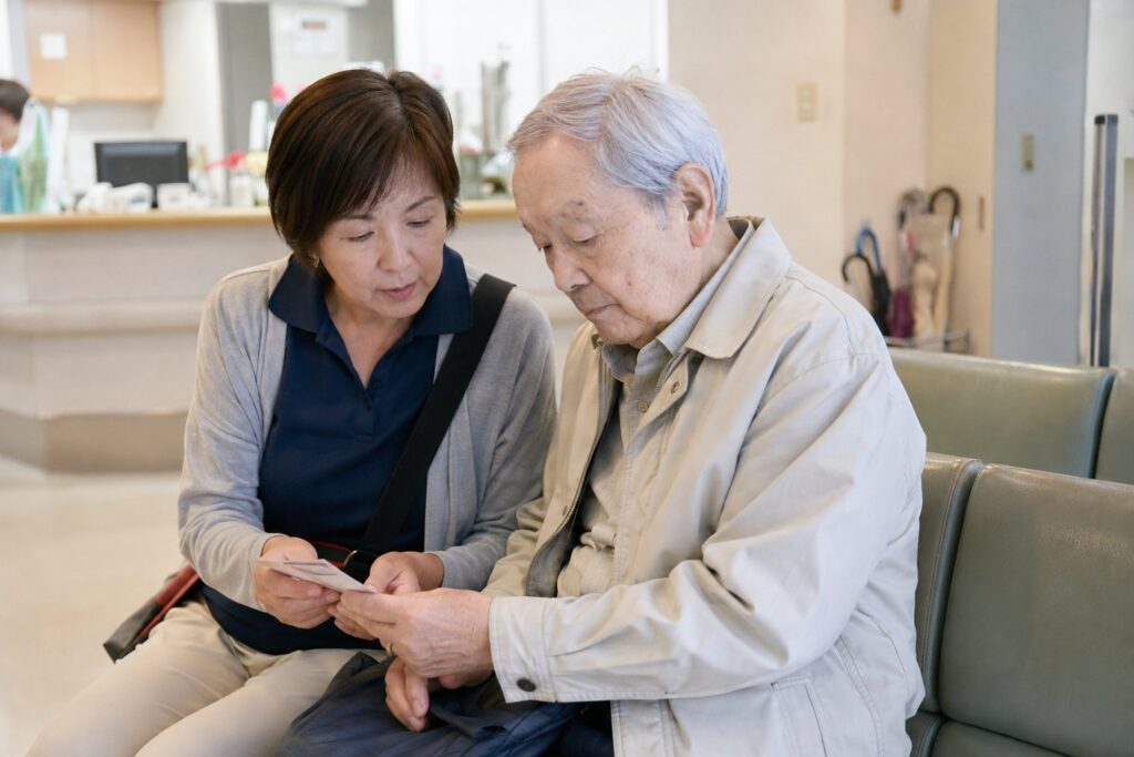病院の待合室で高齢の父に付き添う家族