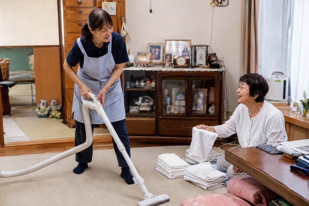 居間で掃除機をかけるスタッフと洗濯物をたたむ高齢女性