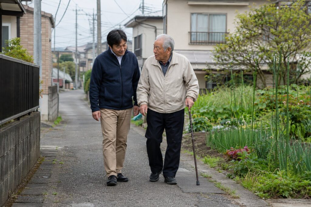 杖をついた高齢の父と住宅街を歩く家族
