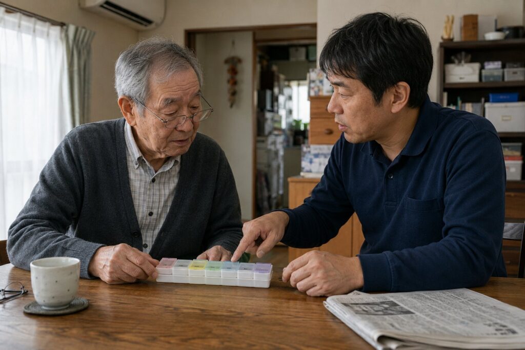 曜日つきピルケースを一緒に確認する高齢の父と息子