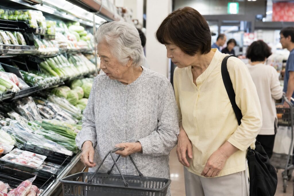 スーパーの売り場で高齢の母に付き添って買い物をする様子
