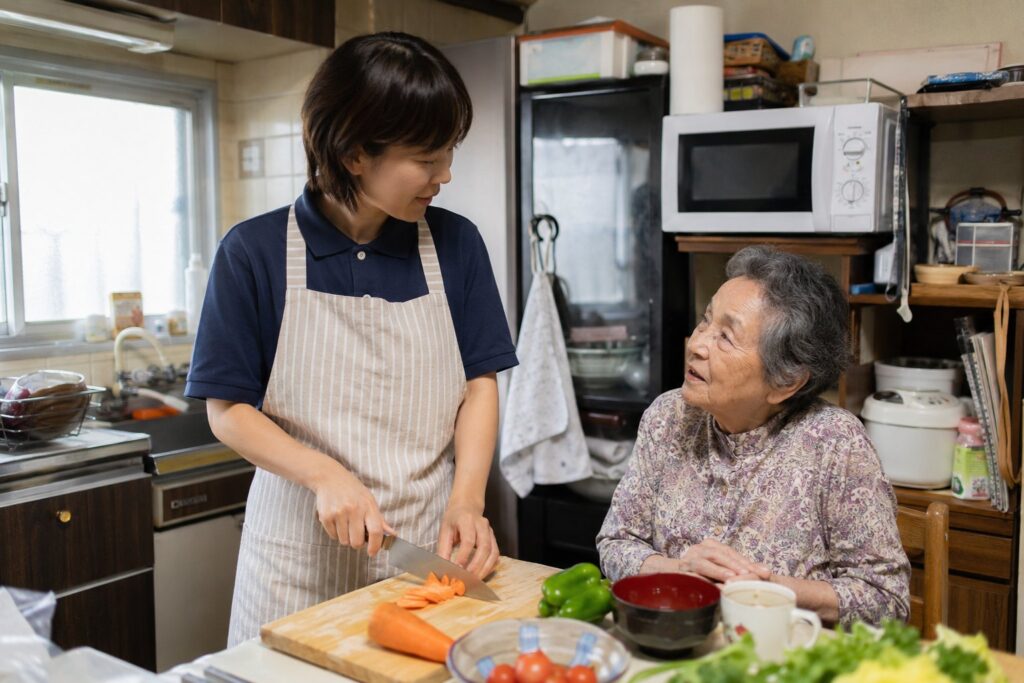 台所で野菜を切るスタッフと話す高齢女性