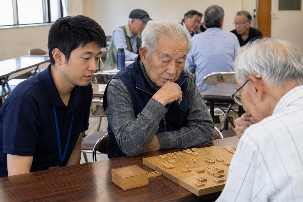 公民館のサロンで将棋を指す高齢の男性たちと見守るスタッフ