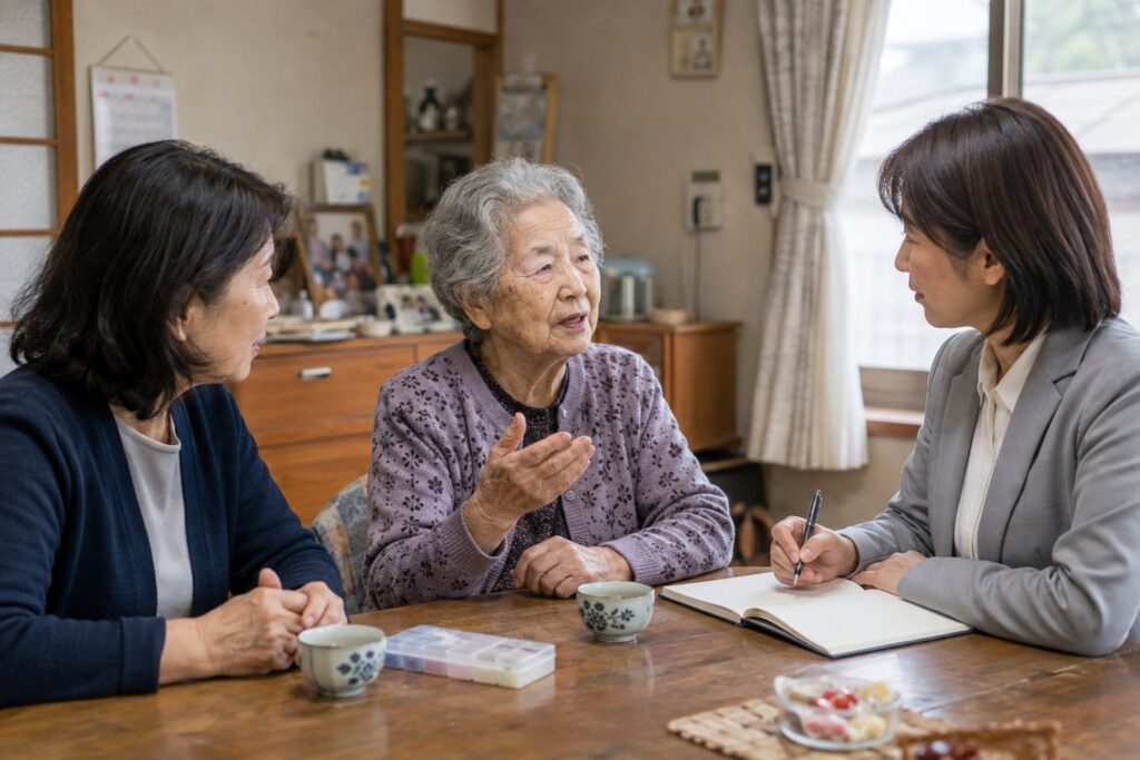 自宅の食卓で高齢の母と娘が専門職と話し合う様子