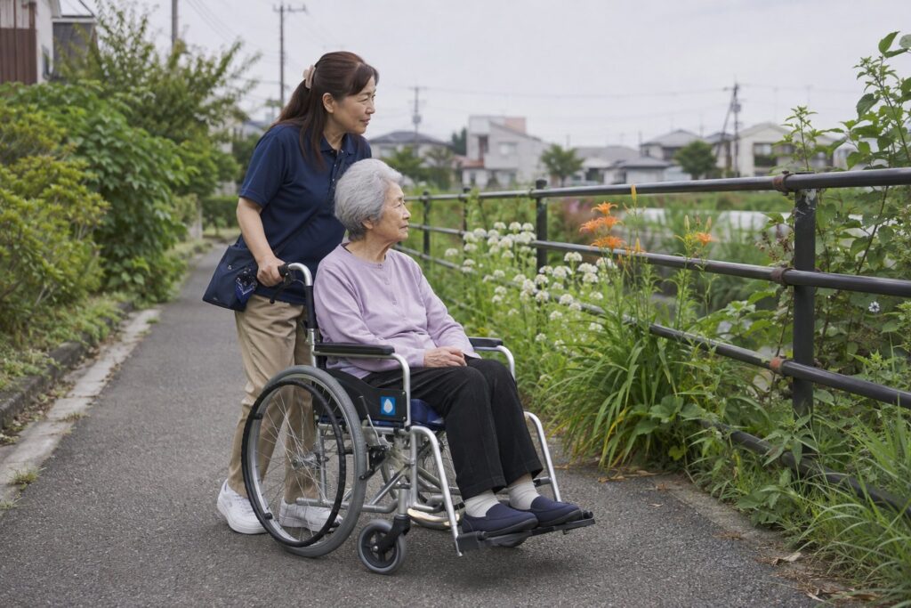 車椅子を押して近所の遊歩道を散歩する様子