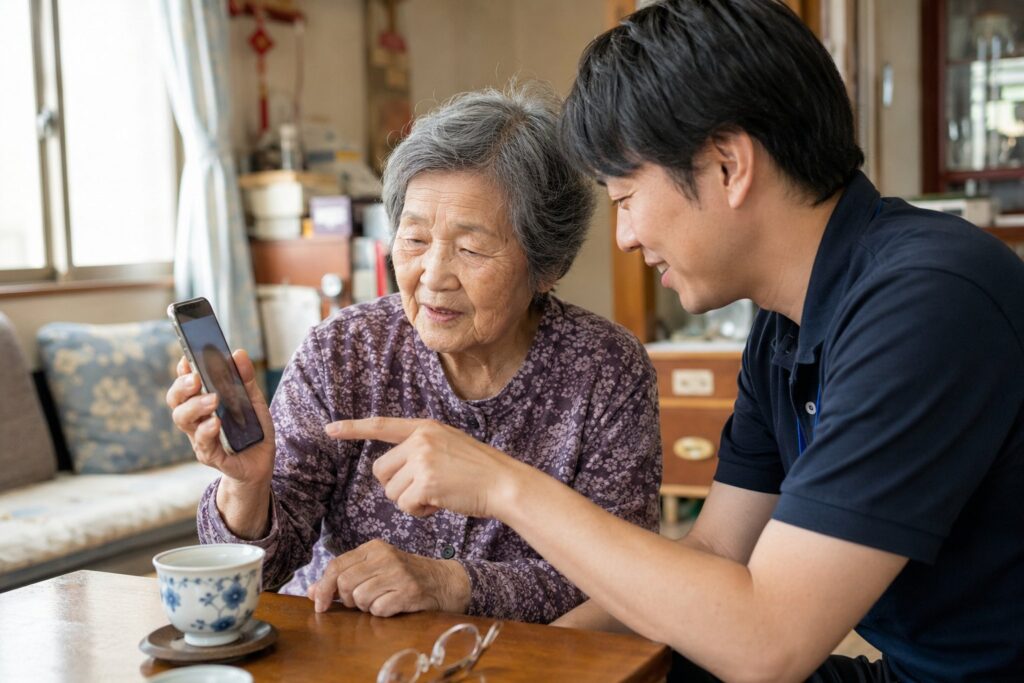 高齢の女性にスマートフォンの操作を説明する様子