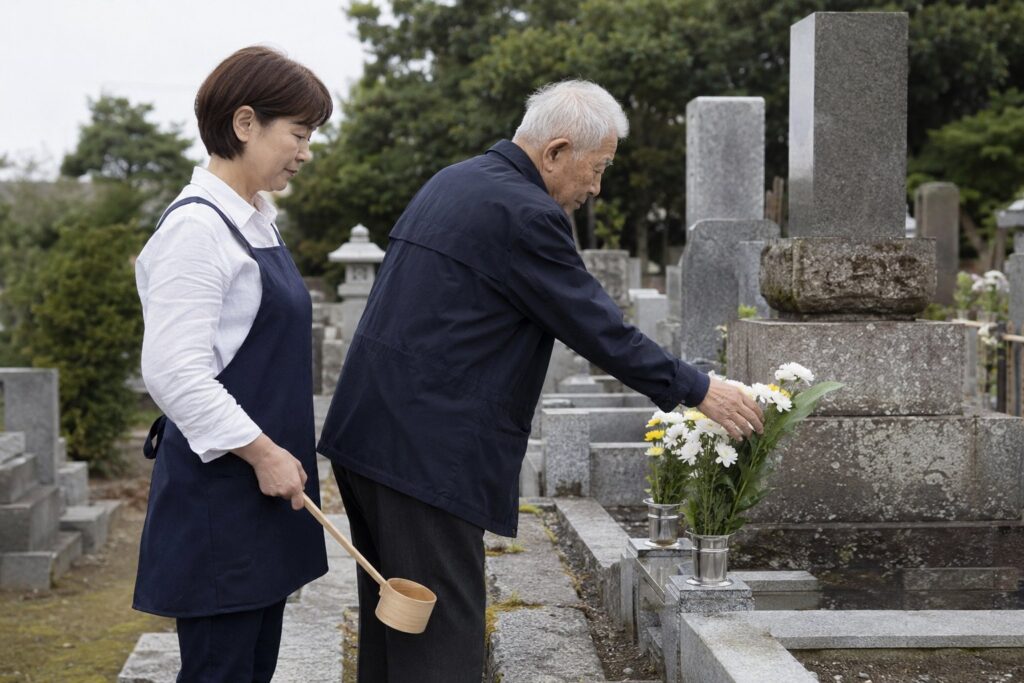 墓前に花を供える高齢の男性と付き添うスタッフ