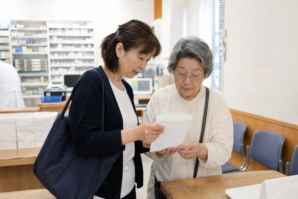 薬局のカウンターで受け取った薬を確認する高齢女性と家族