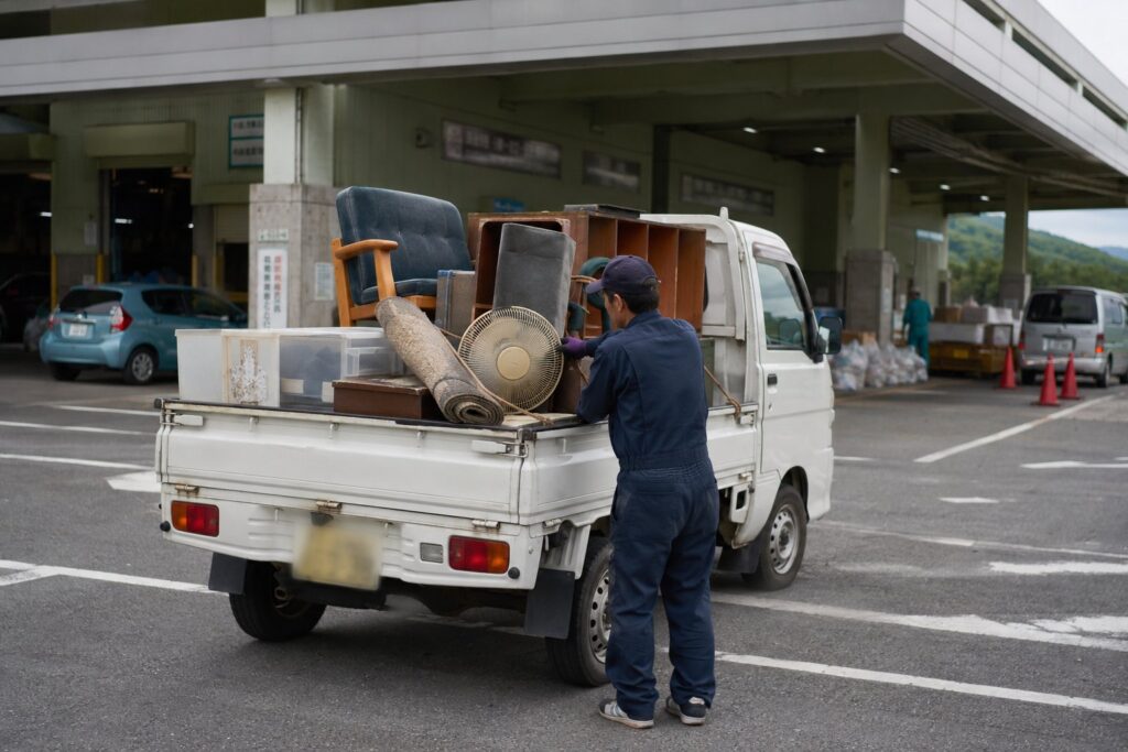 玄関の引き戸から古い木のタンスを2人で運び出す様子