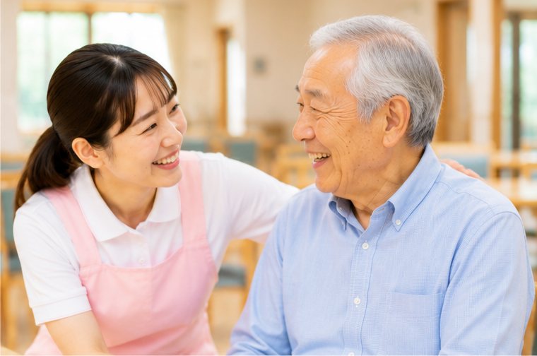 笑顔で会話する高齢の男性と付き添いのスタッフ
