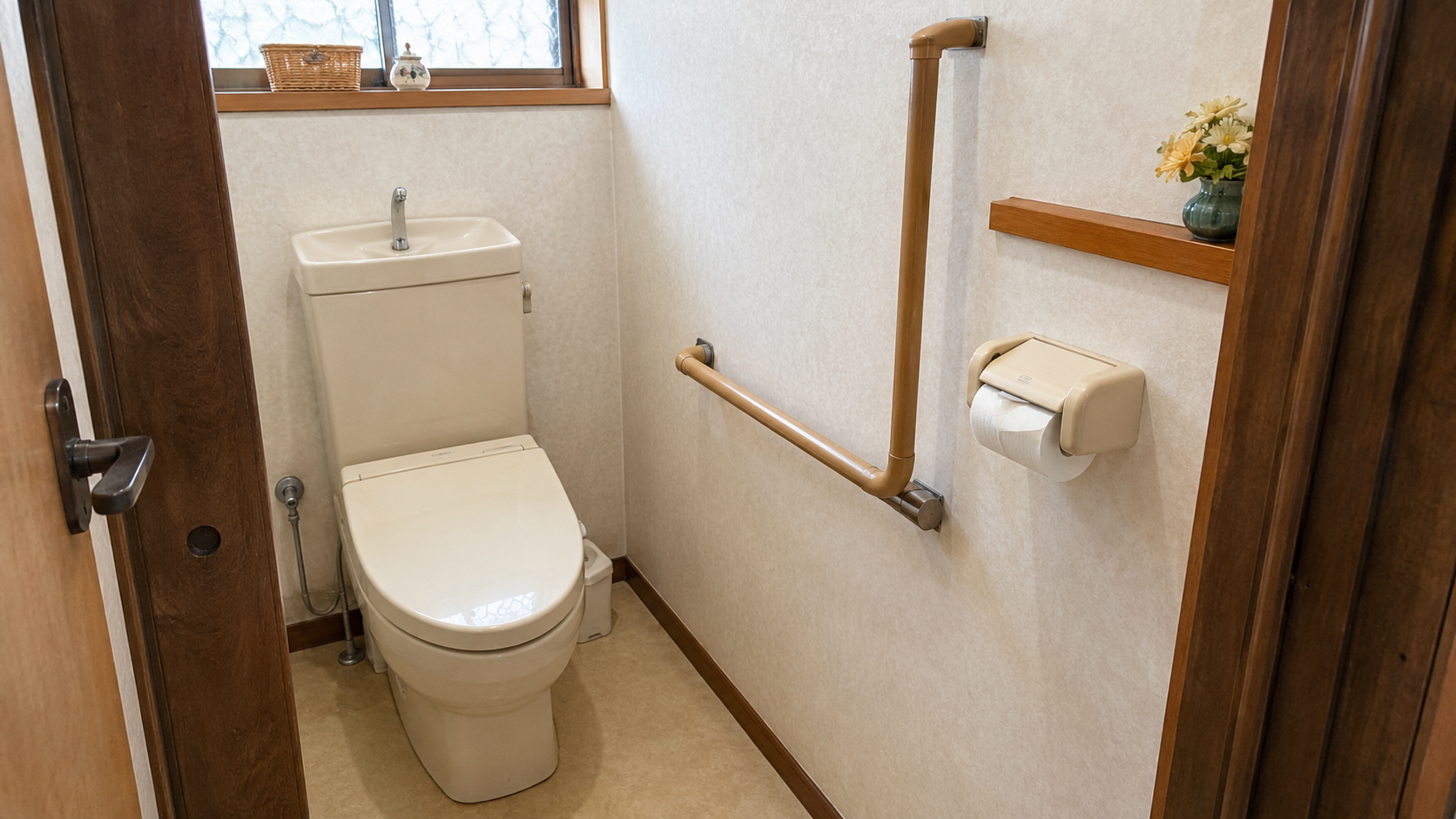 トイレの壁に取り付けられたL字型の手すり